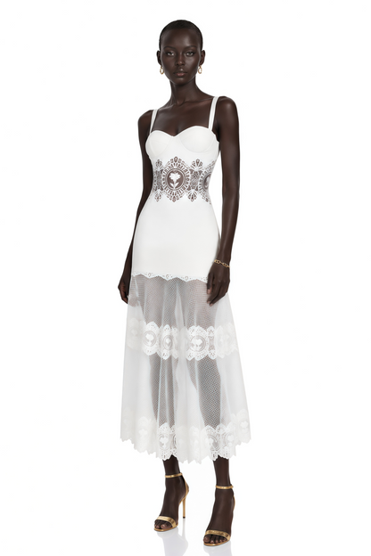 Marceline White Lace Corset Midi Dress