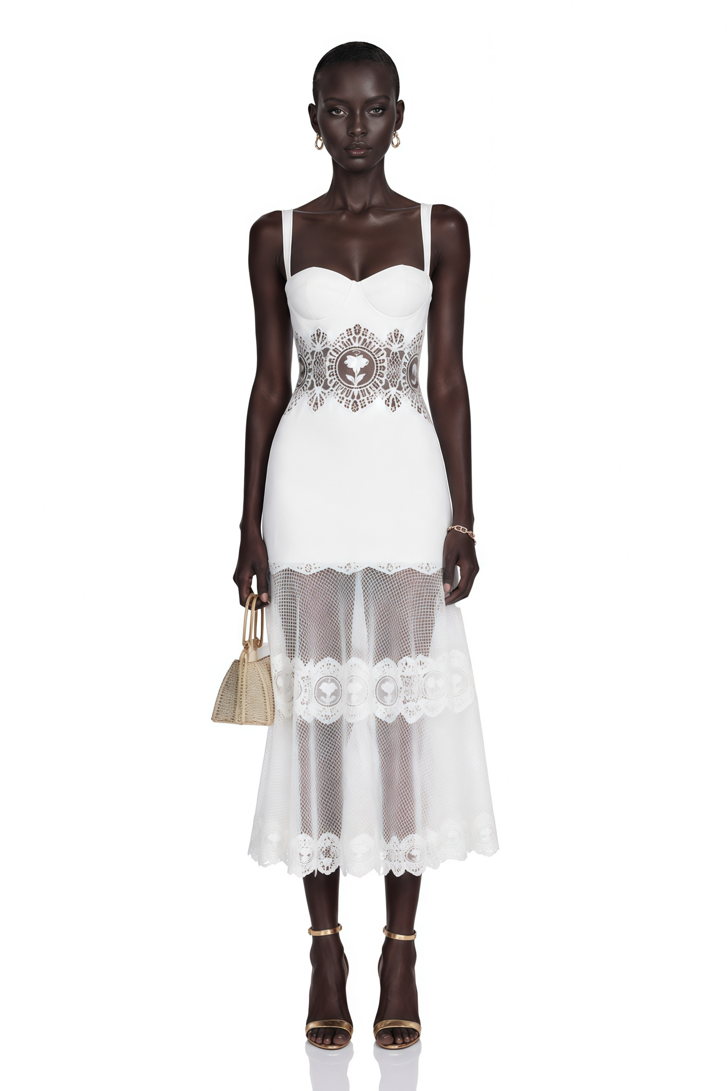 Marceline White Lace Corset Midi Dress