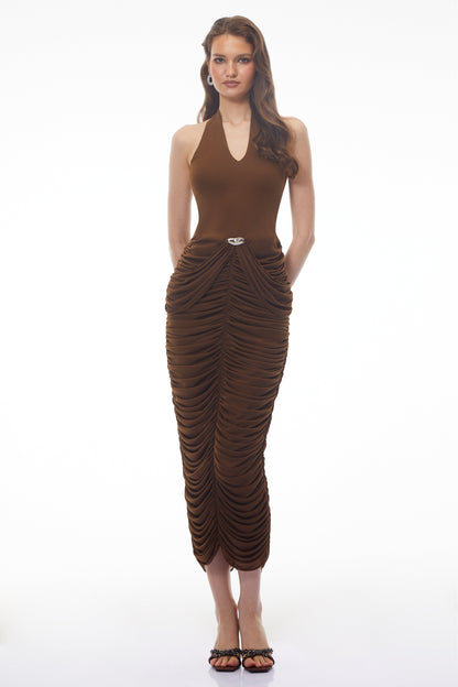 Mareikura Chocolate Brown Halterneck Ruched Midi Dress