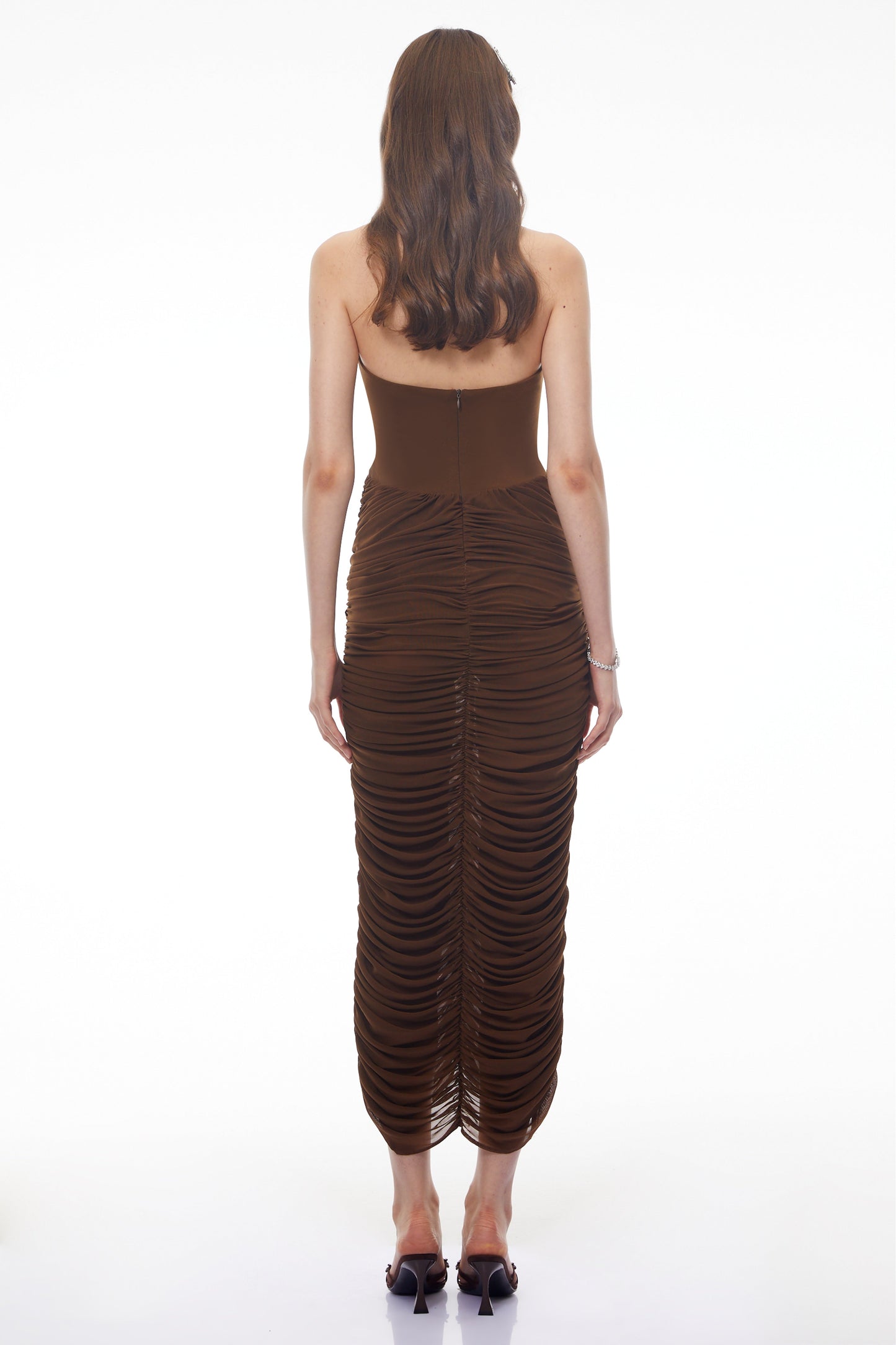 Mareikura Chocolate Brown Halterneck Ruched Midi Dress