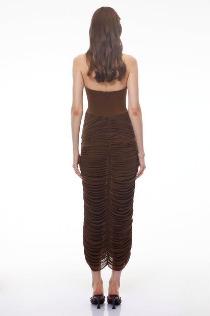 Mareikura Chocolate Brown Halterneck Ruched Midi Dress