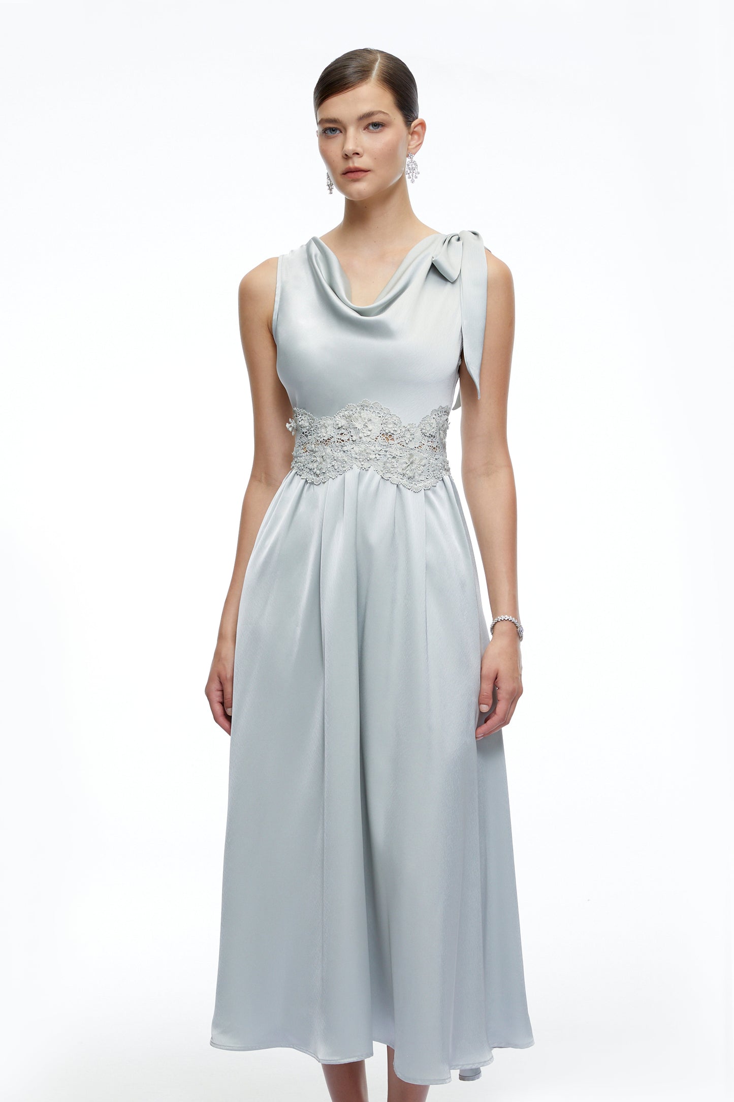 Maren Blue Cowl Neck Satin Midi Dress