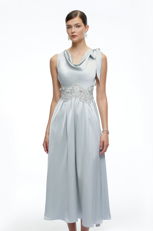 Maren Blue Cowl Neck Satin Midi Dress