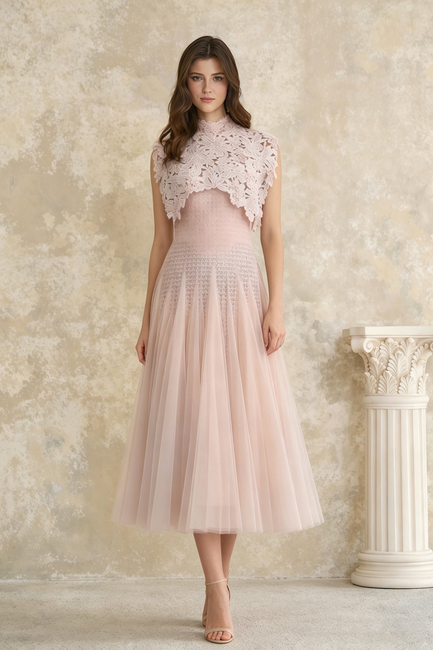 Margaret Açık Pembe Çiçekli Tığ İşi Midi Elbise