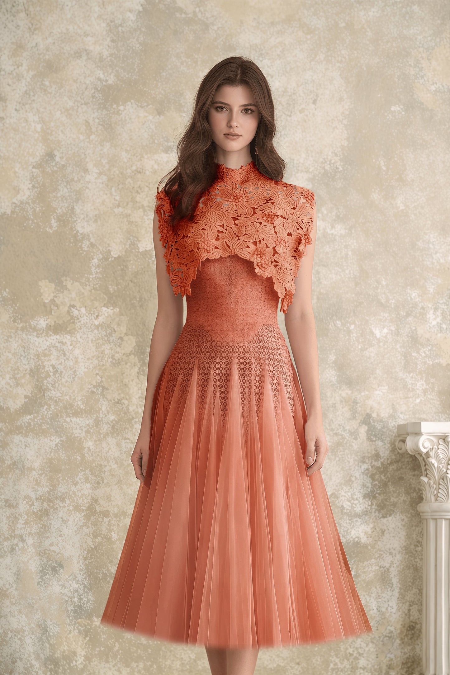 Margaret Orange Floral Crochet Midi Dress