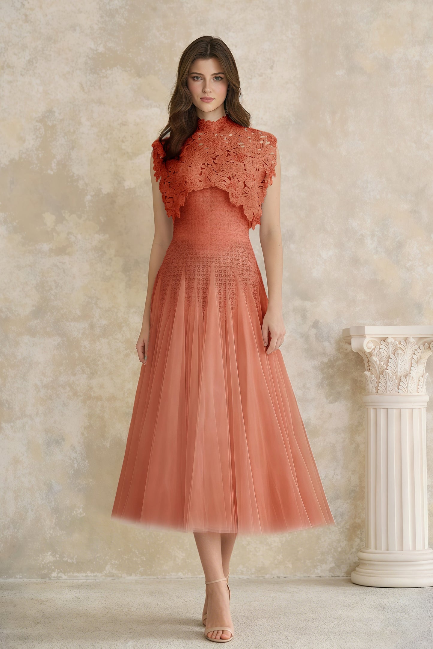 Margaret Orange Floral Crochet Midi Dress