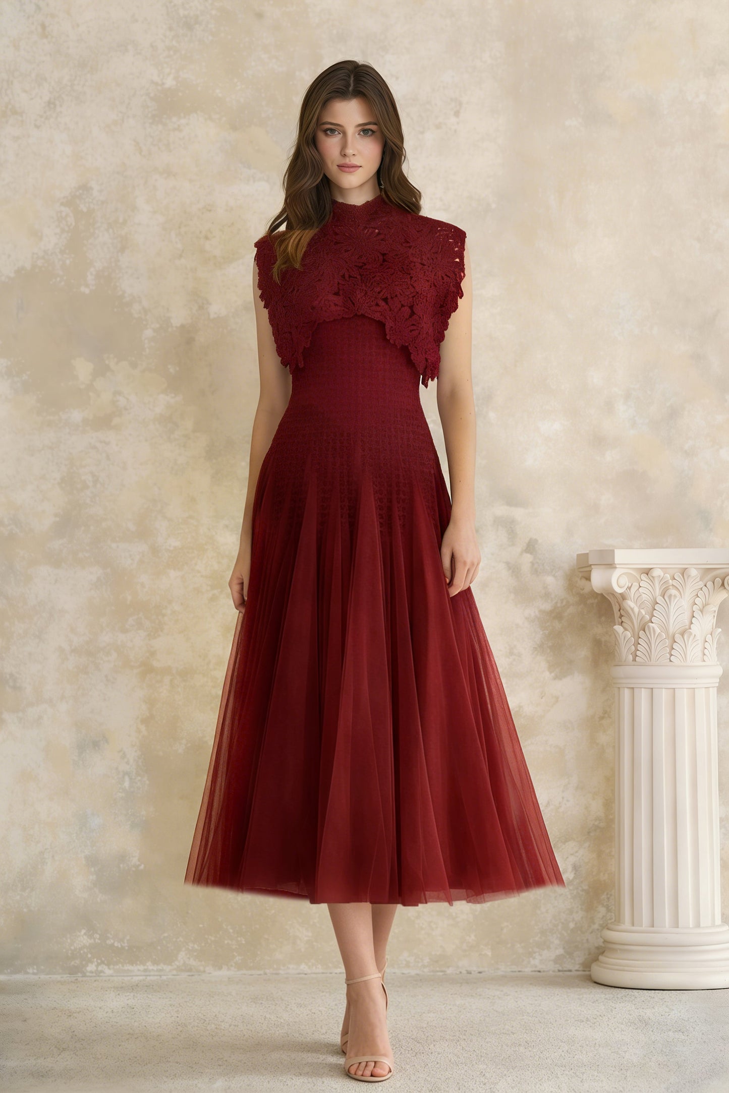 Margaret Red Floral Crochet Midi Dress