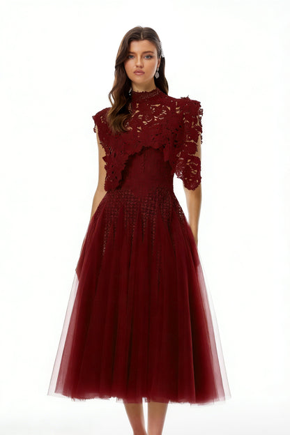 Margaret Red Floral Crochet Midi Dress