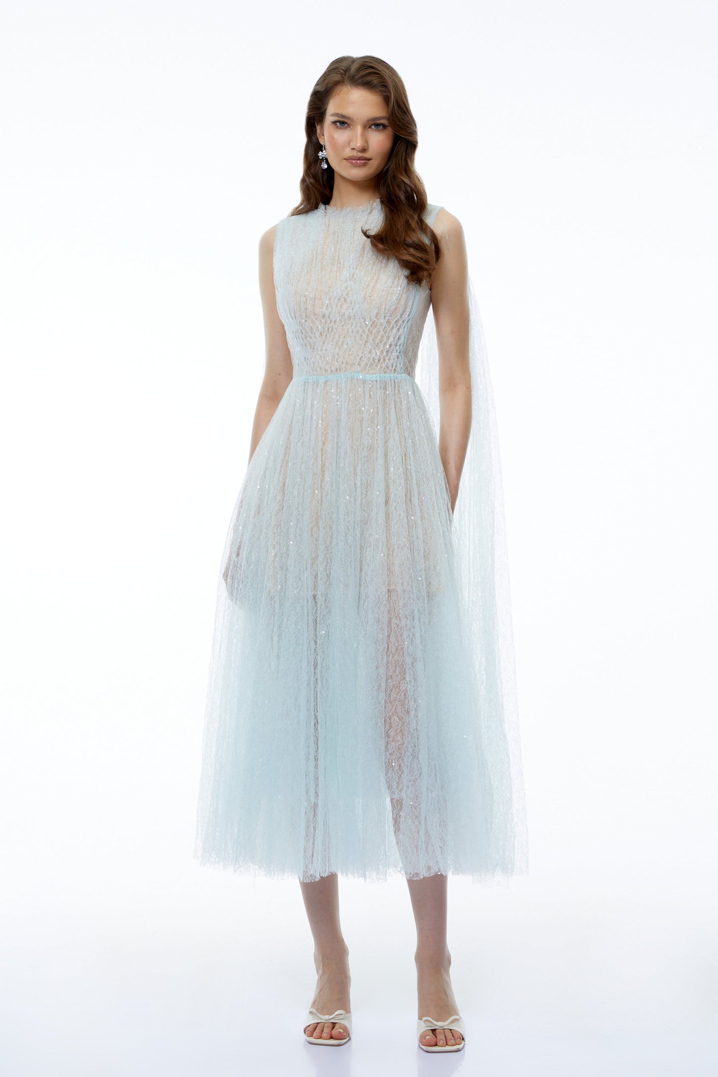 Margareta Ice Blue High Neck Ruched Midi Dress