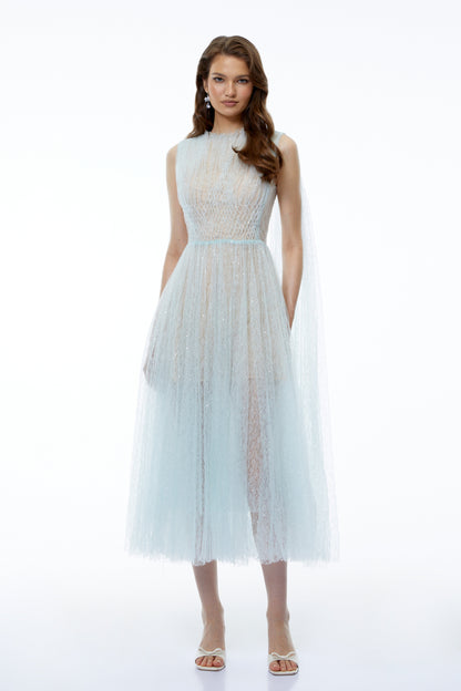 Margareta Ice Blue High Neck Ruched Midi Dress