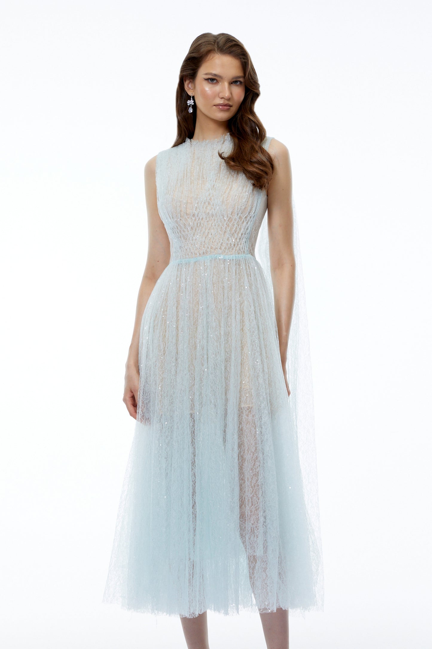 Margareta Ice Blue High Neck Ruched Midi Dress