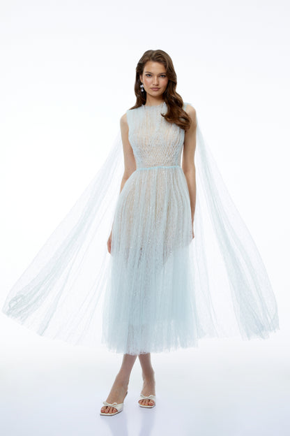Margareta Ice Blue High Neck Ruched Midi Dress