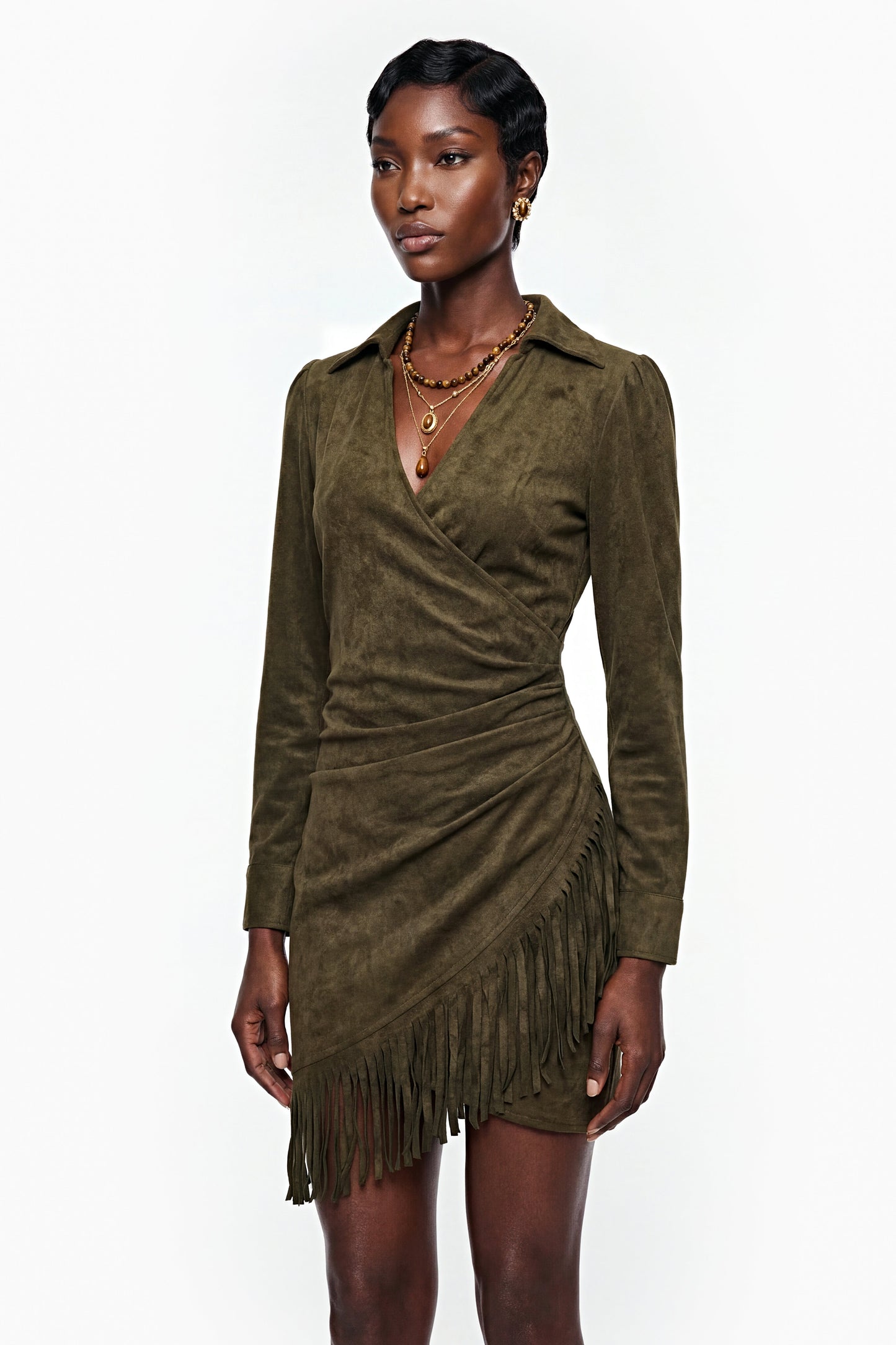 Margarete Green Faux Suede Mini Dress with Fringe