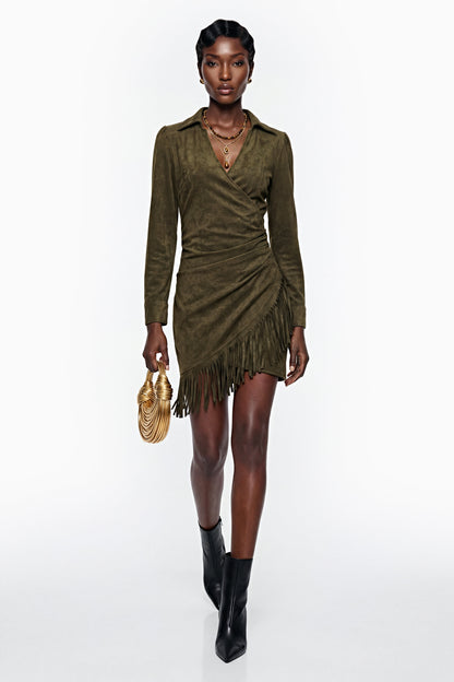 Margarete Green Faux Suede Mini Dress with Fringe