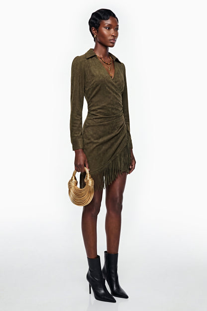 Margarete Green Faux Suede Mini Dress with Fringe