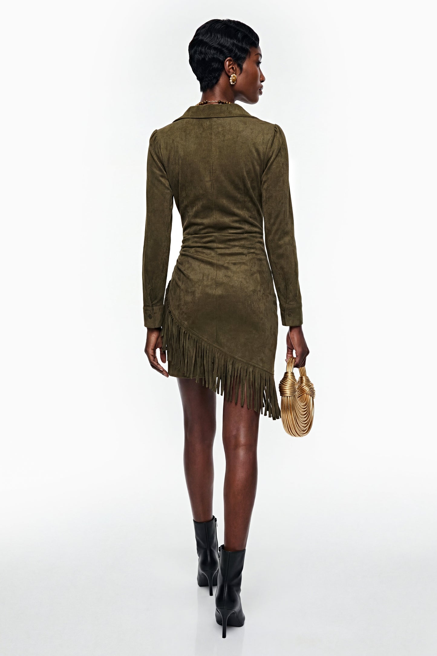 Margarete Green Faux Suede Mini Dress with Fringe