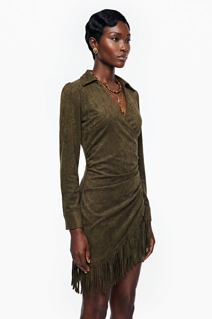 Margarete Green Faux Suede Mini Dress with Fringe