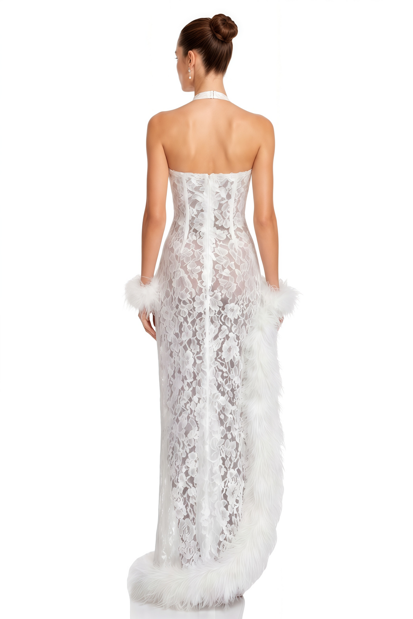 Margarida White Lace Maxi Dress with Faux Fur Trim