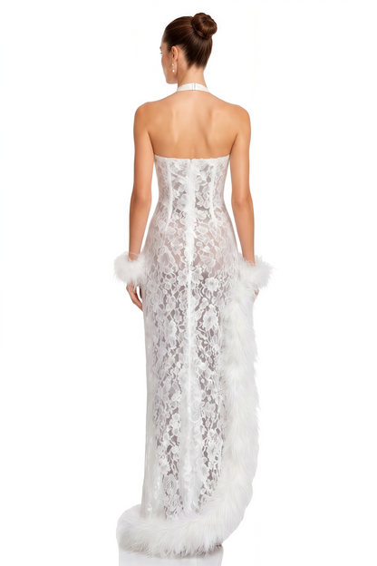 Margarida White Lace Maxi Dress with Faux Fur Trim