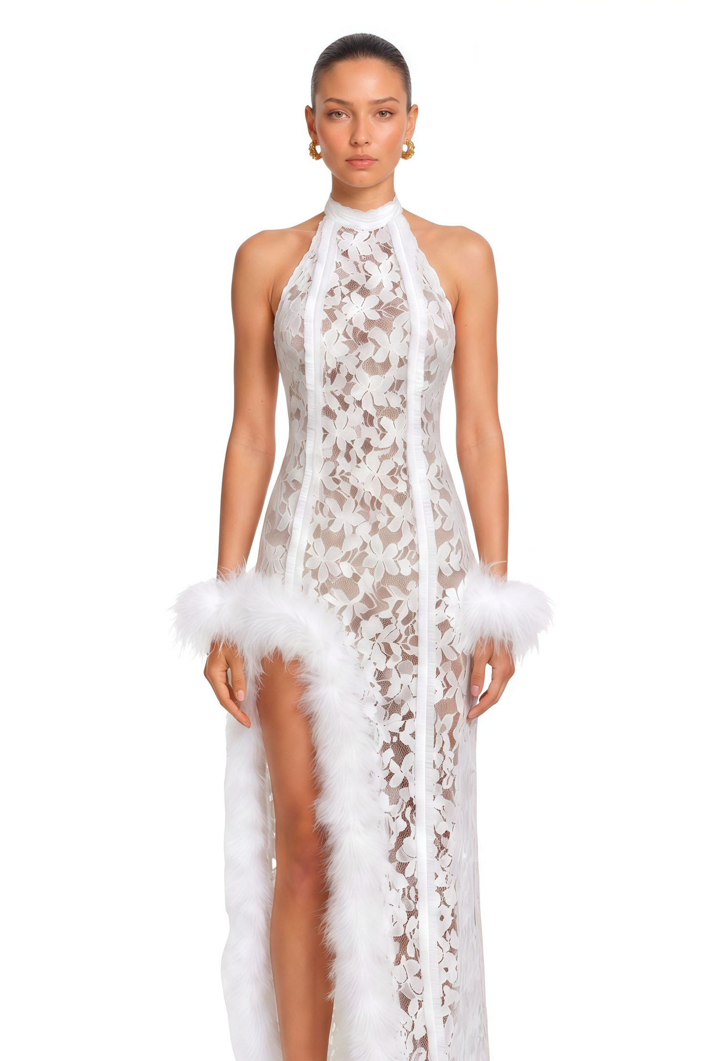 Margarida White Lace Maxi Dress with Faux Fur Trim