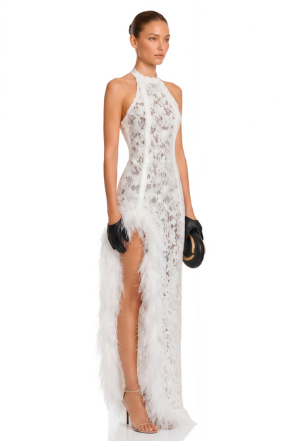 Margarida White Lace Maxi Dress with Faux Fur Trim