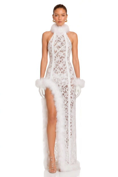 Margarida White Lace Maxi Dress with Faux Fur Trim