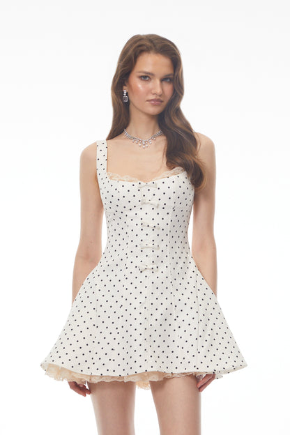 Margaux White Polka Dot A-Line Mini Dress with Bow