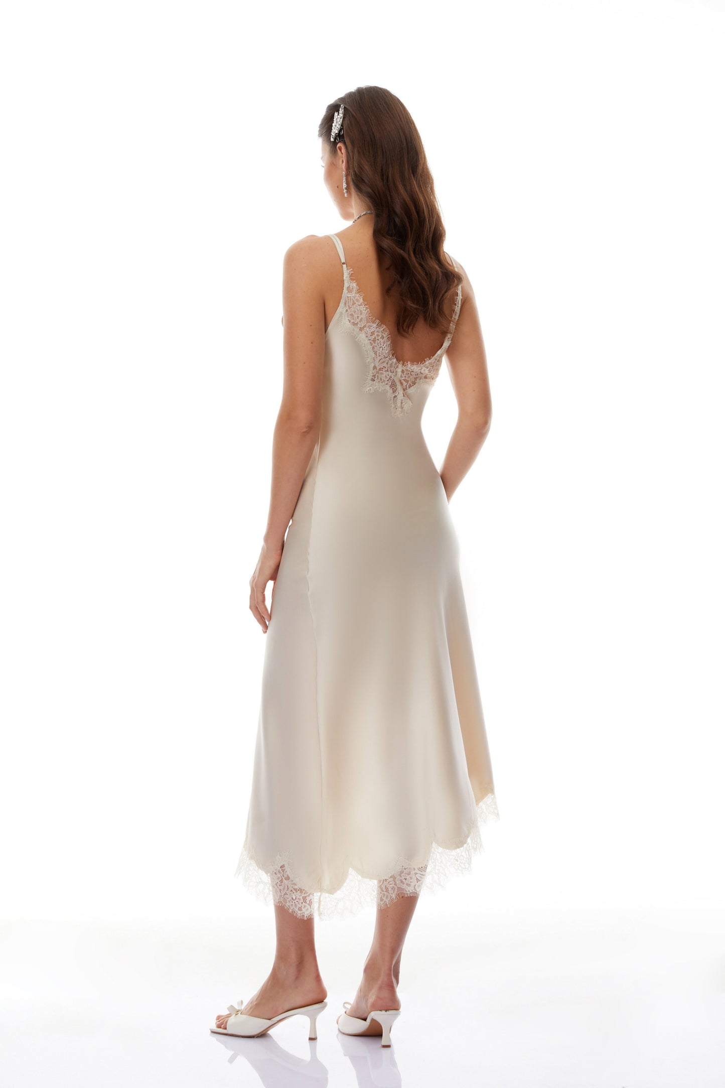 Margherita Champagne Lace Panel Satin Midi Dress