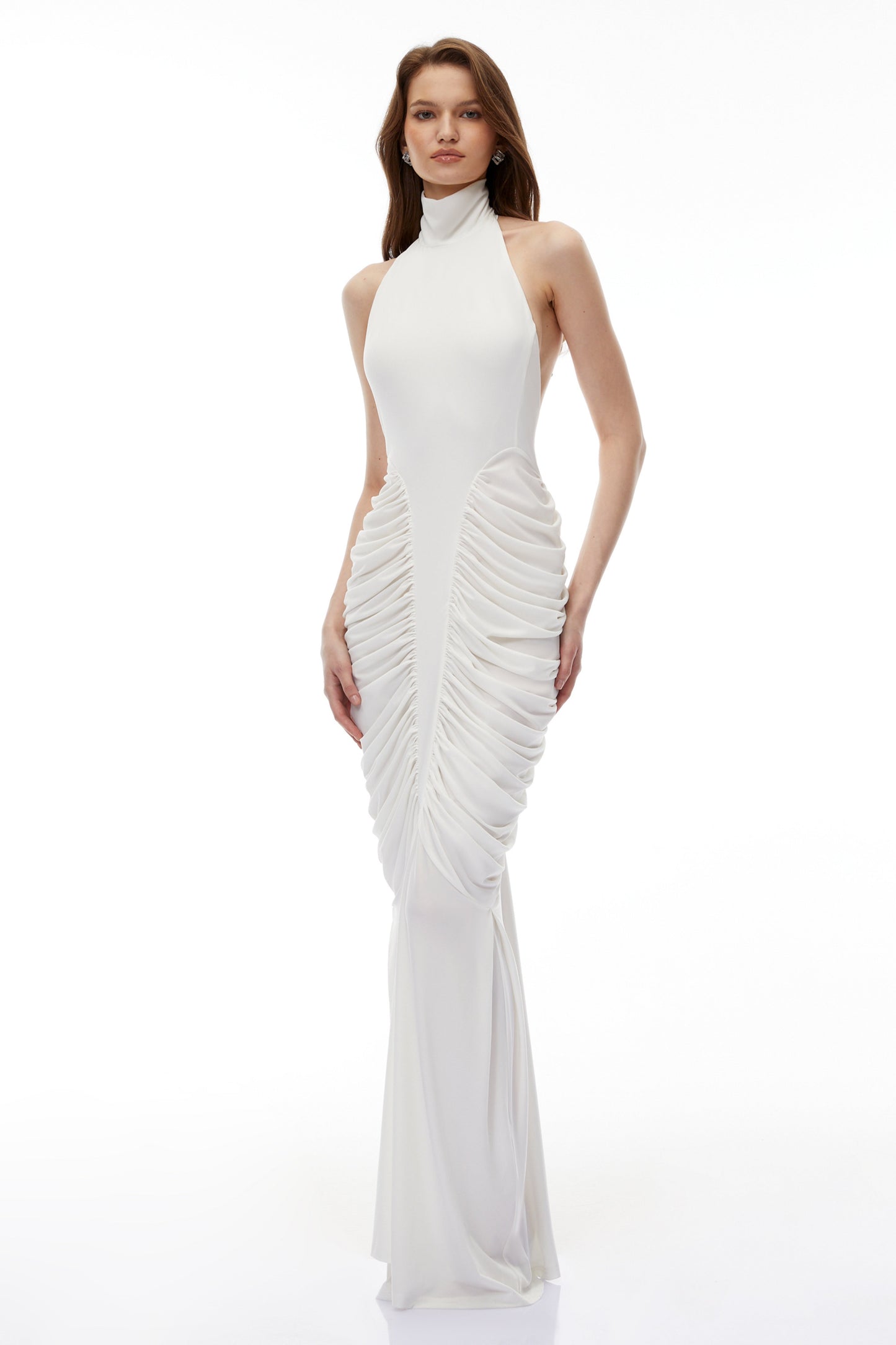 Marhuma White Backless Ruched Maxi Dress
