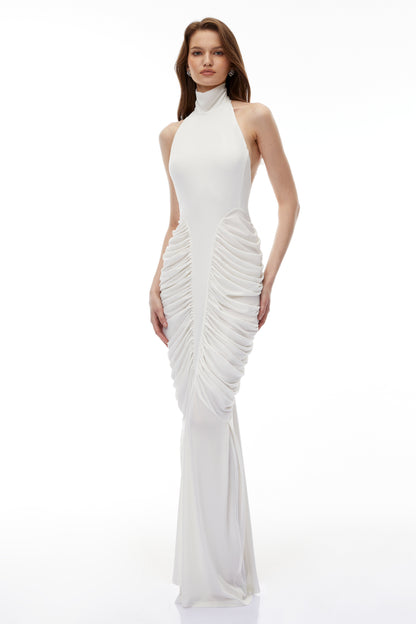 Marhuma White Backless Ruched Maxi Dress