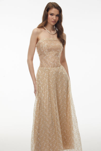 Maria Champagne Sequin Off Shoulder Maxi Dress