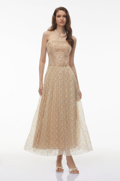 Maria Champagne Sequin Off Shoulder Maxi Dress