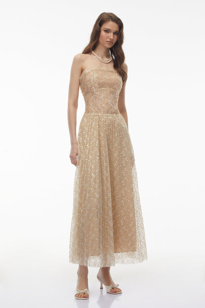 Maria Champagne Sequin Off Shoulder Maxi Dress