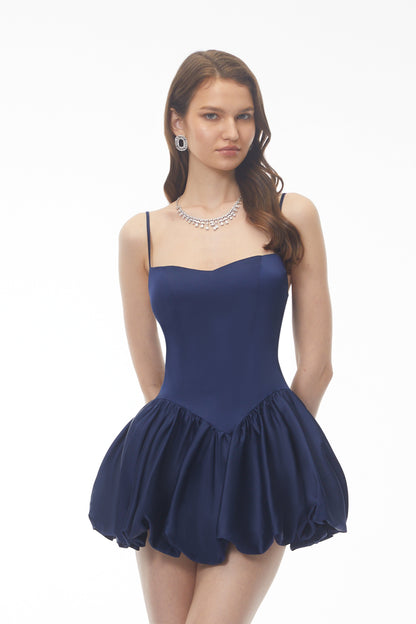 Mariana Lacivert Saten Puffball Mini Elbise