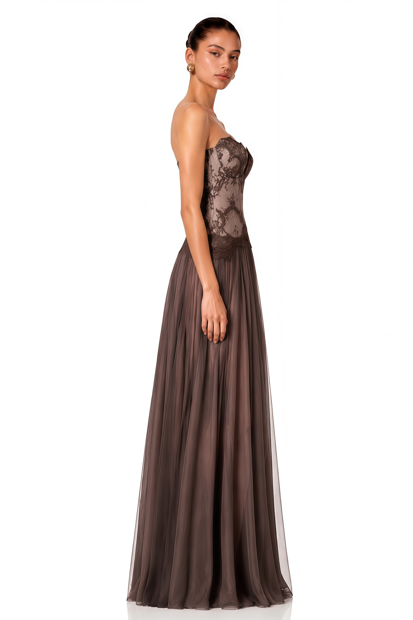 Marianne Brown Lace Corset Maxi Dress