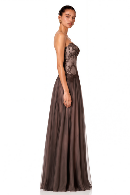 Marianne Brown Lace Corset Maxi Dress