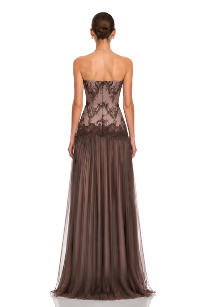 Marianne Brown Lace Corset Maxi Dress