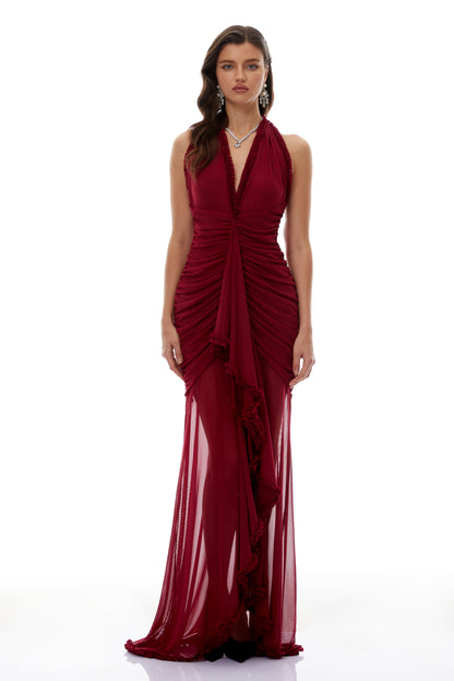 Marie Burgundy Asymmetrical Ruched Maxi Dress