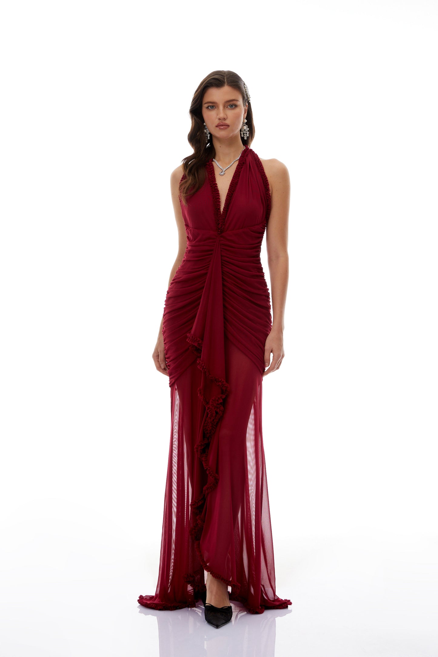Marie Burgundy Asymmetrical Ruched Maxi Dress