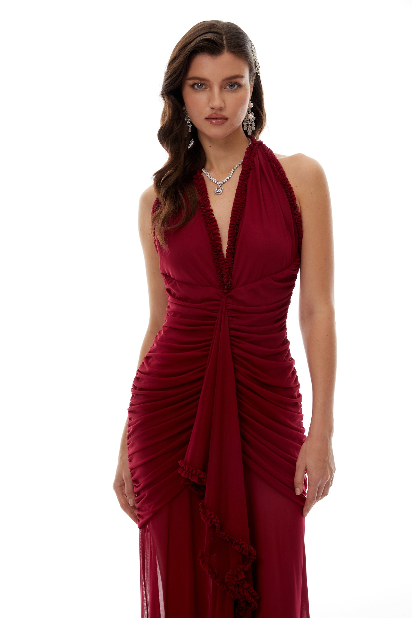 Marie Burgundy Asymmetrical Ruched Maxi Dress