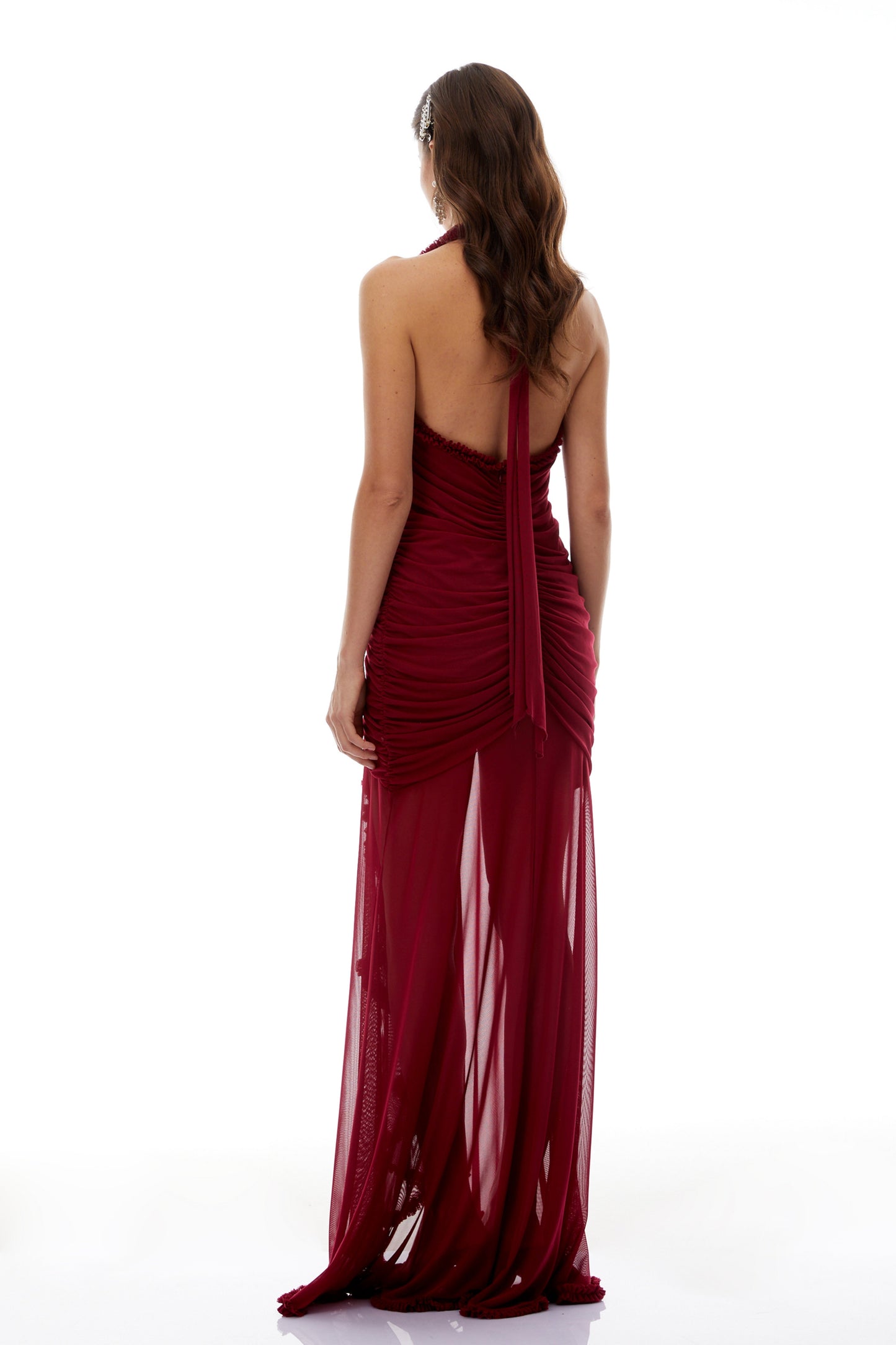 Marie Burgundy Asymmetrical Ruched Maxi Dress