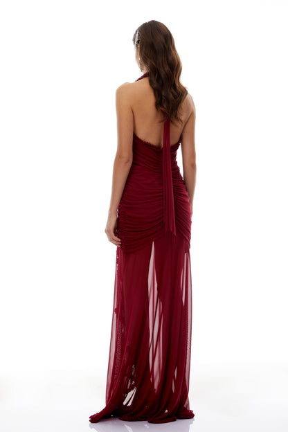 Marie Burgundy Asymmetrical Ruched Maxi Dress