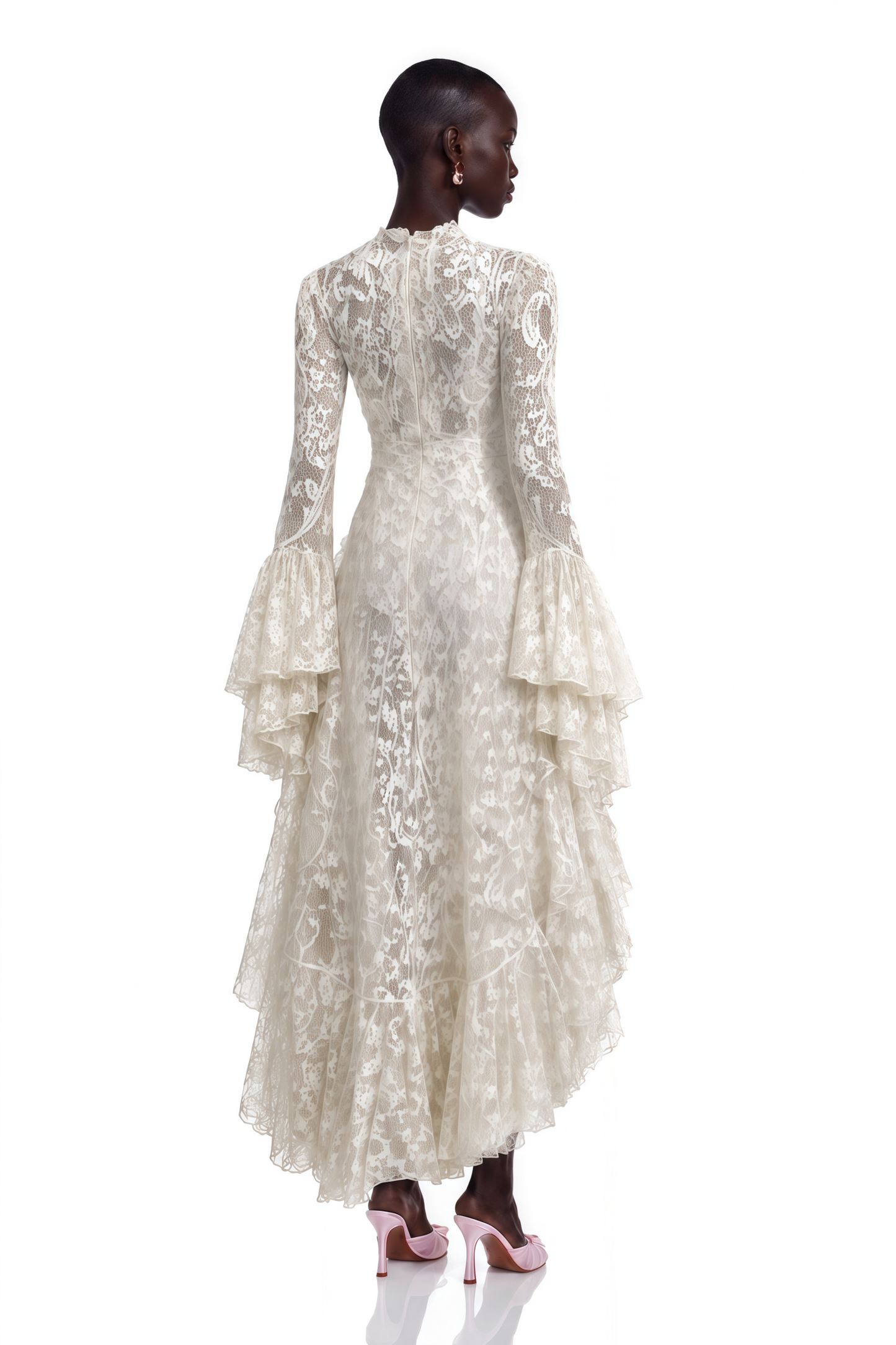 Mariella Ivory Asymmetrical Floral Lace Midi Dress