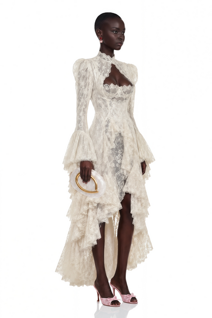 Mariella Ivory Asymmetrical Floral Lace Midi Dress