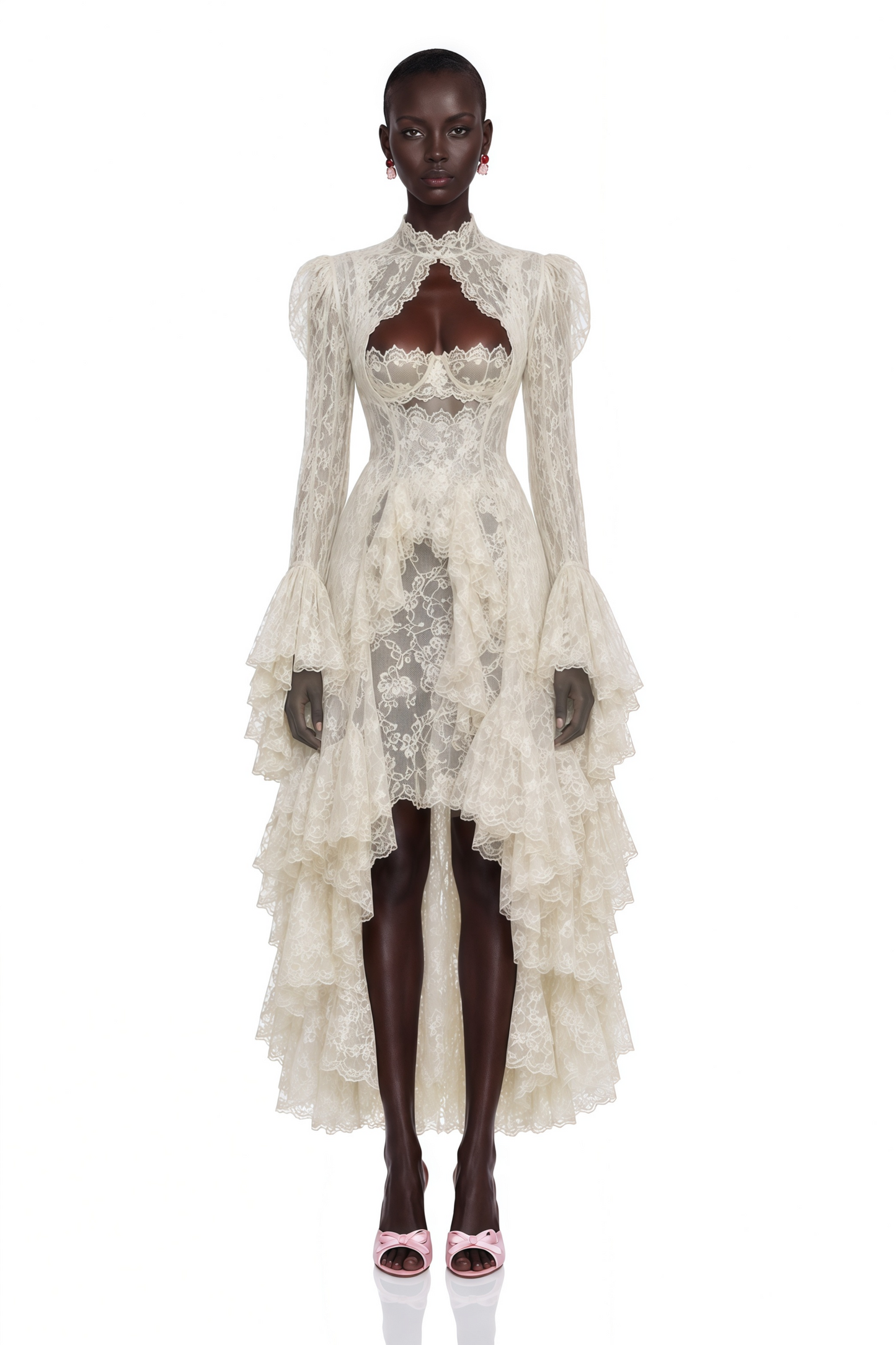 Mariella Ivory Asymmetrical Floral Lace Midi Dress