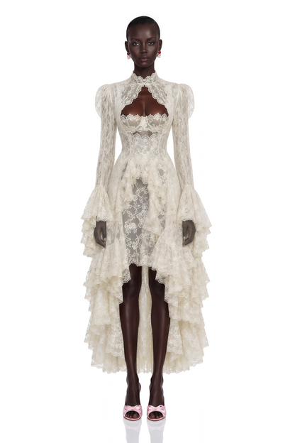 Mariella Ivory Asymmetrical Floral Lace Midi Dress