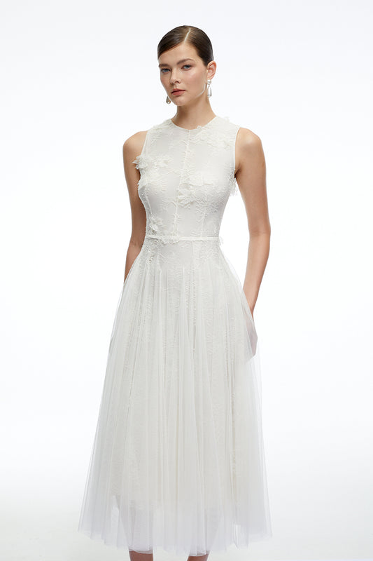 Marigold White Round Neck Midi Dress with 3D Florals