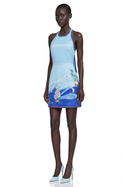 Marina Blue Scenic Print Halter Mini Dress