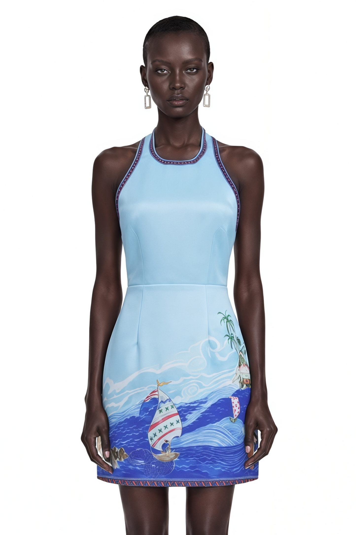 Marina Blue Scenic Print Halter Mini Dress