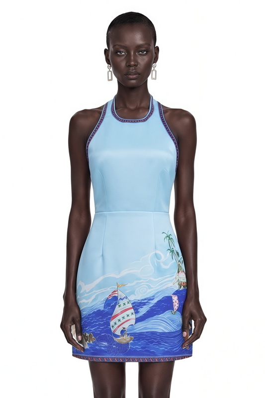 Marina Blue Scenic Print Halter Mini Dress